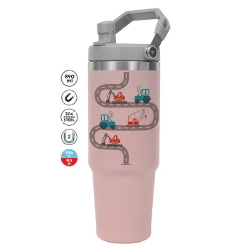 excavator along road, Pink color, 890ml (30oz) stainless Steel Tumbler with Handle