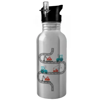excavator along road, Water bottle Silver with straw, stainless steel 600ml