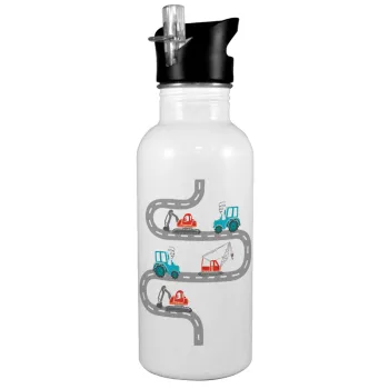 excavator along road, White water bottle with straw, stainless steel 600ml