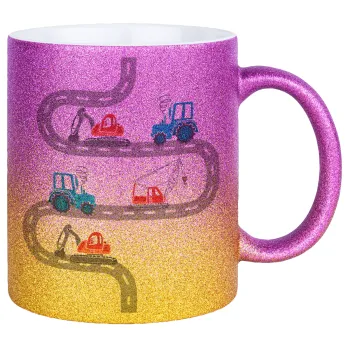 excavator along road, Κούπα Χρυσή/Ροζ Glitter, κεραμική, 330ml