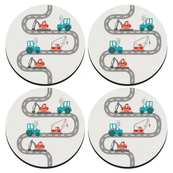 excavator along road, SET of 4 round wooden coasters (9cm)