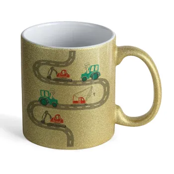 excavator along road, Κούπα Χρυσή Glitter που γυαλίζει, κεραμική, 330ml