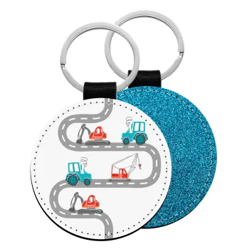 excavator along road, Μπρελόκ Δερματίνη, στρογγυλό ΜΠΛΕ (5cm)