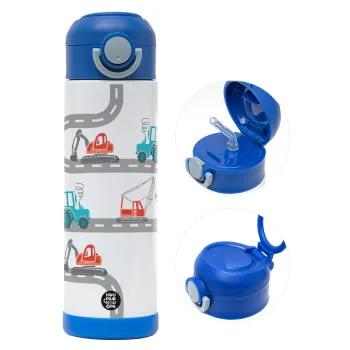 Αμαξάκια στον δρόμο, Παιδικό παγούρι θερμό, ανοξείδωτο, με καλαμάκι ασφαλείας, ΜΠΛΕ (500ml)