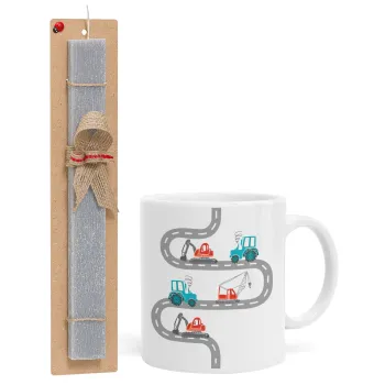 excavator along road, Easter Set, Ceramic Cup (330ml) & Easter aromatic flat candle (30cm) (GRAY)