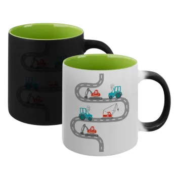 excavator along road, Κούπα Μαγική εσωτερικό πράσινο, κεραμική 330ml που αλλάζει χρώμα με το ζεστό ρόφημα