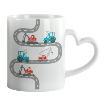 excavator along road, Mug heart handle, ceramic, 330ml