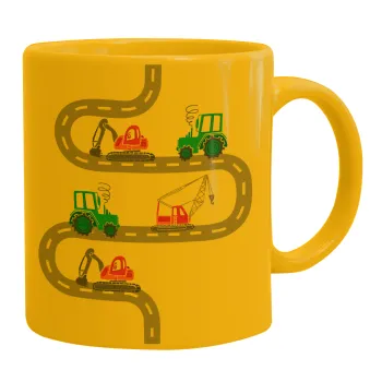 excavator along road, Ceramic coffee mug yellow, 330ml