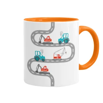 excavator along road, Mug colored orange, ceramic, 330ml
