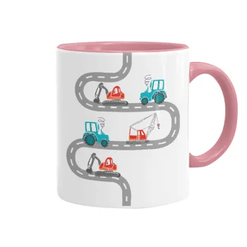 excavator along road, Mug colored pink, ceramic, 330ml