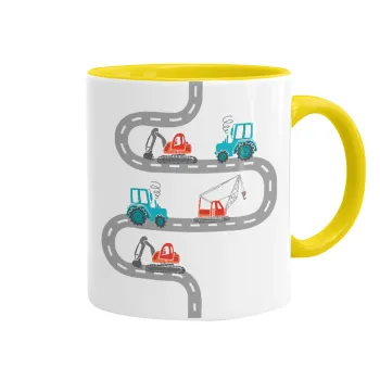 excavator along road, Mug colored yellow, ceramic, 330ml