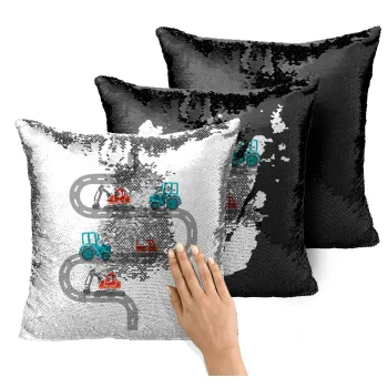 Αμαξάκια στον δρόμο, Μαξιλάρι καναπέ Μαγικό Μαύρο με πούλιες 40x40cm περιέχεται το γέμισμα