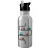 Water bottle Silver with straw, stainless steel 600ml