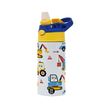 Hand drawing building truck, Children's hot water bottle, stainless steel, with safety straw, green, blue (360ml) BPA FREE