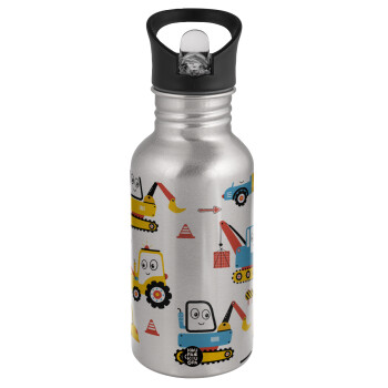 Hand drawing building truck, Water bottle Silver with straw, stainless steel 500ml