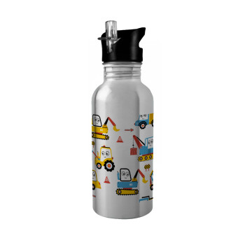 Hand drawing building truck, Water bottle Silver with straw, stainless steel 600ml