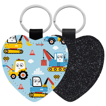 Hand drawing building truck, Μπρελόκ PU δερμάτινο glitter καρδιά ΜΑΥΡΟ