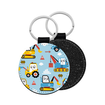 Hand drawing building truck, Μπρελόκ Δερματίνη, στρογγυλό ΜΑΥΡΟ (5cm)