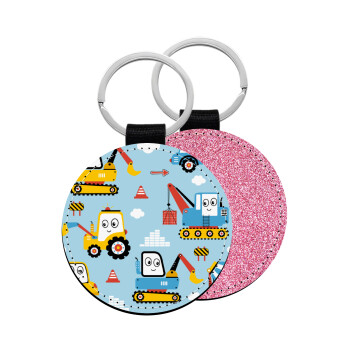 Hand drawing building truck, Μπρελόκ Δερματίνη, στρογγυλό ΡΟΖ (5cm)