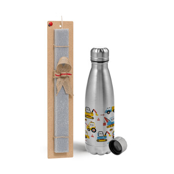 Hand drawing building truck, Easter Set, metallic Inox water bottle (750ml) & aromatic flat Easter candle (30cm) (GRAY)