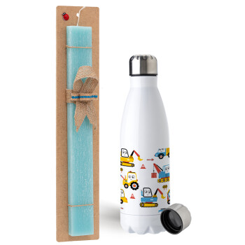 Hand drawing building truck, Easter Set, metallic stainless steel water bottle (750ml) & aromatic flat Easter candle (30cm) (TURQUOISE)