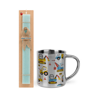 Hand drawing building truck, Easter Set, metallic thermal cup (300ml) & aromatic flat Easter candle (30cm) (TURQUOISE)