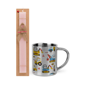 Hand drawing building truck, Easter Set, metallic thermal cup (300ml) & aromatic flat Easter candle (30cm) (PINK)