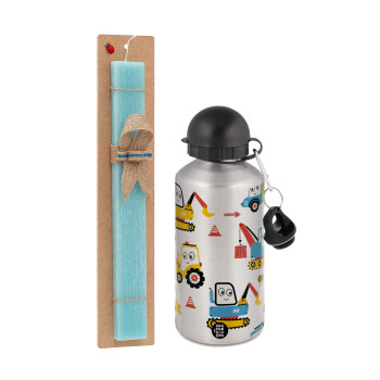 Hand drawing building truck, Easter Set, metallic silver aluminum water bottle (500ml) & scented flat Easter candle (30cm) (TURQUOISE)