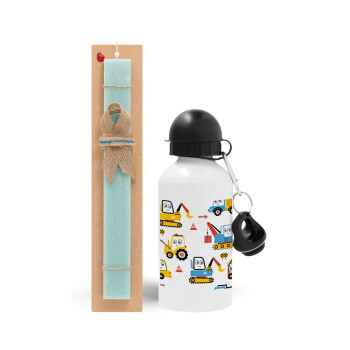 Hand drawing building truck, Easter Set, metallic aluminum water bottle (500ml) & scented flat candle (30cm) (TURQUOISE)
