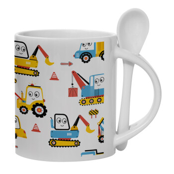 Hand drawing building truck, Ceramic coffee mug with Spoon, 330ml (1pcs)