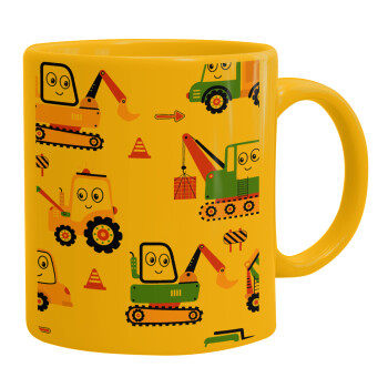 Hand drawing building truck, Ceramic coffee mug yellow, 330ml