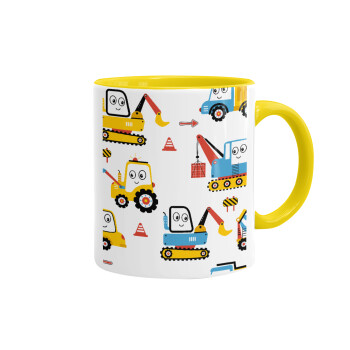 Hand drawing building truck, Mug colored yellow, ceramic, 330ml