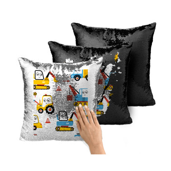 Hand drawing building truck, Μαξιλάρι καναπέ Μαγικό Μαύρο με πούλιες 40x40cm περιέχεται το γέμισμα