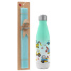 Easter Set, Metallic green/white thermos (Stainless steel), double-walled, 500ml & scented flat Easter candle (30cm) (TURQUOISE)
