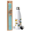 Easter Set, metallic stainless steel water bottle (750ml) & aromatic flat Easter candle (30cm) (TURQUOISE)