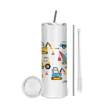 Hand drawing building truck, Eco friendly stainless steel tumbler 600ml, with metal straw & cleaning brush