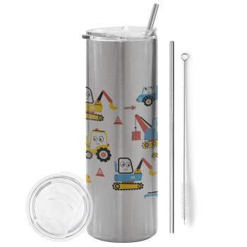 Hand drawing building truck, Eco friendly stainless steel Silver tumbler 600ml, with metal straw & cleaning brush