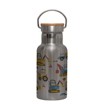 Hand drawing building truck, Stainless steel metallic thermos flask, silver with a bamboo lid, double-walled, 350ml.