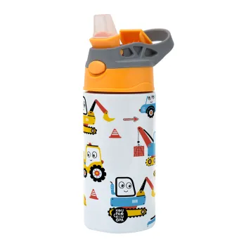 Hand drawing building truck, Children's hot water bottle, stainless steel, with safety straw, Orange/Grey (360ml) BPA-FREE