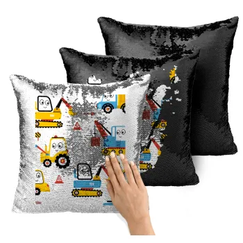 Hand drawing building truck, Μαξιλάρι καναπέ Μαγικό Μαύρο με πούλιες 40x40cm περιέχεται το γέμισμα