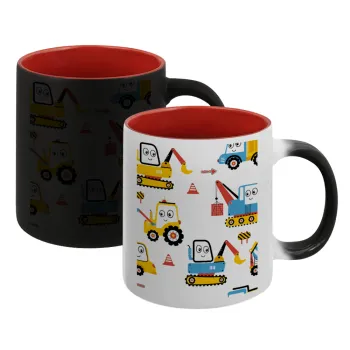 Hand drawing building truck, Κούπα Μαγική εσωτερικό κόκκινο, κεραμική, 330ml που αλλάζει χρώμα με το ζεστό ρόφημα