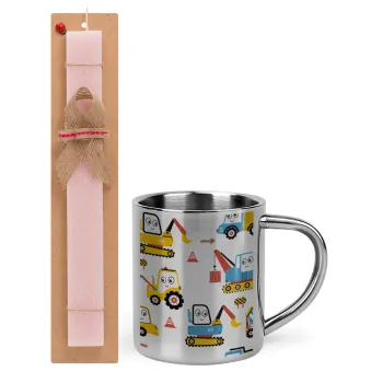 Hand drawing building truck, Easter Set, metallic thermal cup (300ml) & aromatic flat Easter candle (30cm) (PINK)
