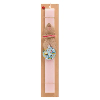 Hand drawing building truck, Easter Set, wooden keychain & scented flat Easter candle (30cm) (PINK)