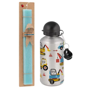 Hand drawing building truck, Easter Set, metallic silver aluminum water bottle (500ml) & scented flat Easter candle (30cm) (TURQUOISE)