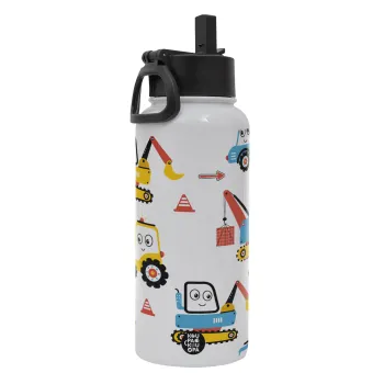 Hand drawing building truck, Metal mug thermo White with Straw and Spout Lid (Stainless steel), double wall, 950ml
