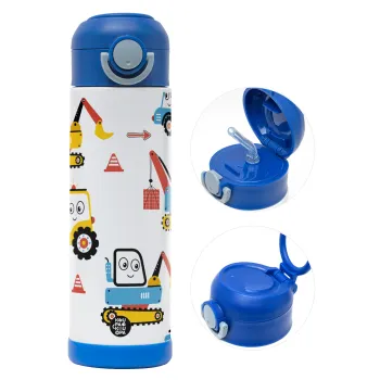 Hand drawing building truck, Παιδικό παγούρι θερμό, ανοξείδωτο, με καλαμάκι ασφαλείας, ΜΠΛΕ (500ml)