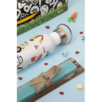 Hand drawing building truck, Πασχαλινή Λαμπάδα με παγούρι μεταλλικό (620ml, stainless steel) & κερί αρωματικό πλακέ (30cm) (ΤΙΡΚΟΥΑΖ)