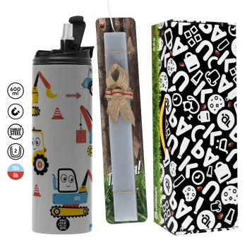 Hand drawing building truck, Πασχαλινή Λαμπάδα με Travel Tumbler θερμό (600ml, BPA free) & κερί αρωματικό πλακέ (30cm) (ΓΚΡΙ)