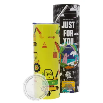Hand drawing building truck, Neon Yellow Travel Tumbler θερμό, μεταλλικό καλαμάκι(Ανωξείδωτο 304 Food grade, BPA free, 600ml)