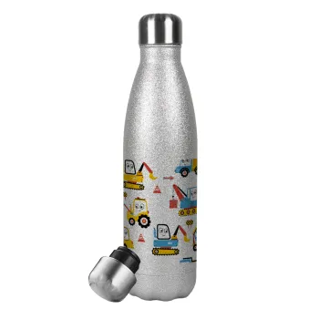 Hand drawing building truck, Metallic Glitter Silver Thermos Flask (Stainless steel), double-walled, 500ml